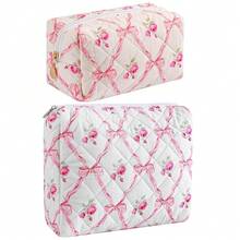 Makeup Bag Travel Cosmetic Bag For Women Girls, Zipper Make Up Pouch, Floral Flowers Toiletry Organizer Makeup, Portable Storage Bag, Cosmetic Travel Cloth Bag (2 Pack (L+S)/Pink Bowknot){"Color_name":"Z3(2Pack(L+S)/PinkBowknot)"} - Z3(2件裝(L+S)/粉紅蝴蝶結) - 查看 1