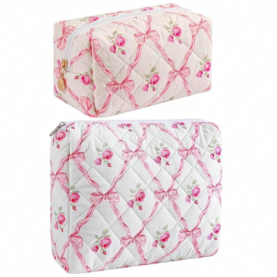 Makeup Bag Travel Cosmetic Bag For Women Girls, Zipper Make Up Pouch, Floral Flowers Toiletry Organizer Makeup, Portable Storage Bag, Cosmetic Travel Cloth Bag (2 Pack (L+S)/Pink Bowknot){"Color_name":"Z3(2Pack(L+S)/PinkBowknot)"} - Z3(2件裝(L+S)/粉紅蝴蝶結) - 查看 1