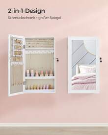 Schmuckschrank, Spiegelschrank, Hängeschrank, abschließbarer Wandschrank, platzsparender Schmuckorganizer - Oberfläche in Weiß, Innenfutter in Greige - Übersicht 2