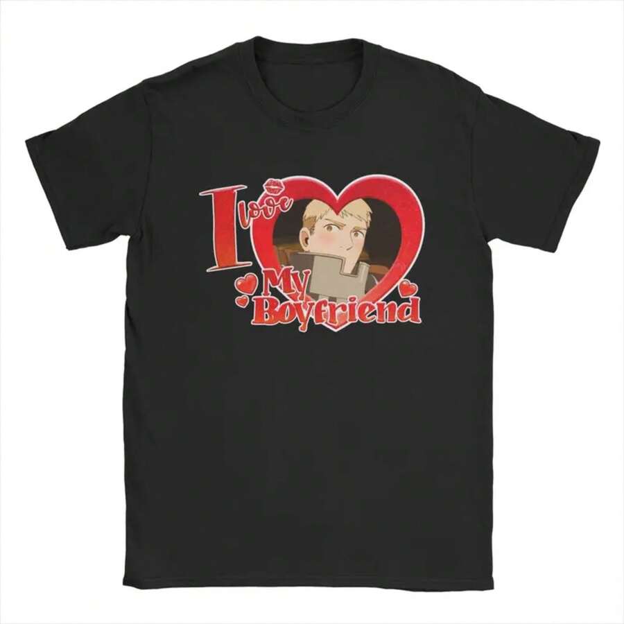 I Love My Boyfriend Laios Men's T Shirt Delicious In Dungeon Tees Short Sleeve Round Collar T-Shirts Pure Cotton Unique Tops - 黑色 - 查看 1