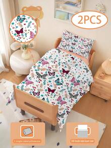 2 PEÇAS Conjunto de Roupa de Cama com Borboletas e Flores, Impressão 3D Dupla Face, Conjunto de Roupa de Cama Infantil Anime Cartoon para Meninas (1 Fronha Impressa em Face Única + 1 Edredom Impresso em Dupla Face, Sem Material de Enchimento) Adequado para Presentes, Quarto Infantil, Dormitório Estudantil