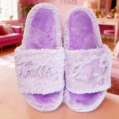 Miniso Barbie Dream Star Series Sweet Dream Slippers, Made Of Soft Plush Material, Super Comfortable For Home And Keeping Warm Purple (1 Pc)