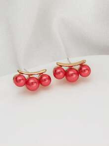 1 paire de boucles d'oreilles minimalistes en forme d'arc avec trois perles, design unique, délicat et polyvalent, nouvelles boucles d'oreilles - Rose bonbon - Voir 2