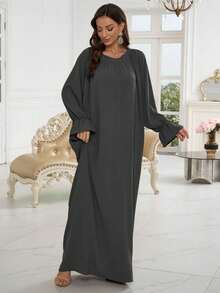 1pc New Soft Floral Sleeve Muslim Dress Without Hijab, Elegant Pleated Collar Design, Classic Versatile Abaya, Suitable For All Seasons