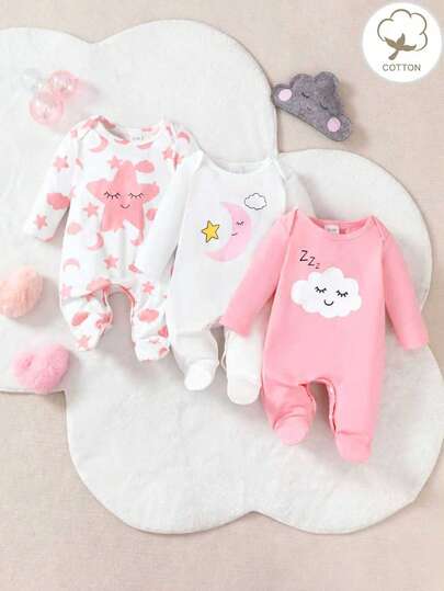 3pcs/Set Newborn Baby Girls Casual Star, Moon & Cloud Print Long Sleeve Romper Outfit