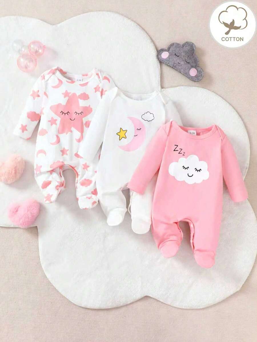 3pcs/Set Newborn Baby Girls Casual Star, Moon & Cloud Print Long Sleeve Romper Outfit
