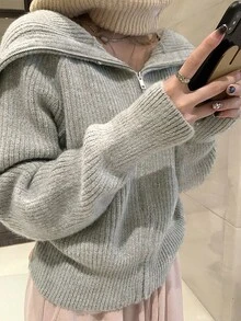 1pc Women Solid Color Faux Wool Ribbed Zip-Up Cardigan, Suitable For Home, Daily Wear, School, Holidays, Autumn