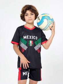 SURUIDA 2 Pcs Mexican Boy Soccer Jersey, Youth Casual Football Uniform, V-Neck Digital Printing Style T-Shirt Set, Suitable For Outdoor Sports, Team Match, Training, Stage Performance, Daily Wear In Summer, Short Sleeve - 黑色 - 查看 1