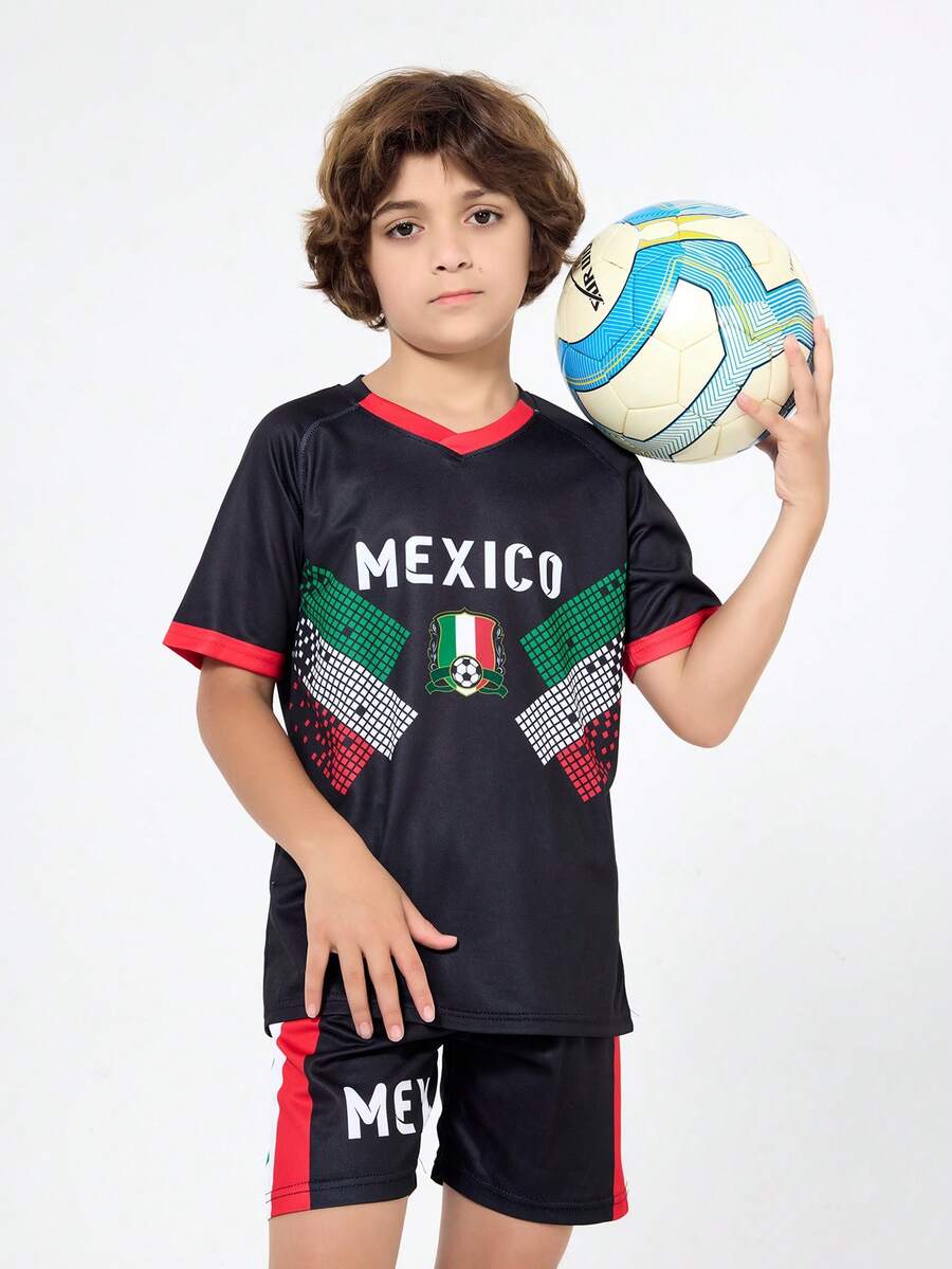 SURUIDA 2 Pcs Mexican Boy Soccer Jersey, Youth Casual Football Uniform, V-Neck Digital Printing Style T-Shirt Set, Suitable For Outdoor Sports, Team Match, Training, Stage Performance, Daily Wear In Summer, Short Sleeve - 黑色 - 查看 1