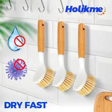 1 Pack Dish Brush Set With Bamboo Handle, Kitchen Cleaner For Cleaning Pot, Pan, Sink And Stove, Scrubber With Medium Bristles, Yellow - Màu vàng - Xem 4