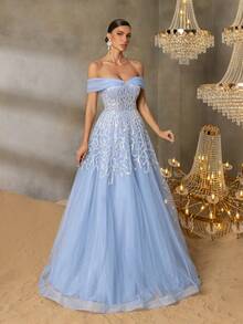 优雅珠饰亮片美人鱼晚礼服 - 露肩设计，饰以渐变珠饰和薄纱层叠，及地长裙摆，适合晚宴、新娘活动和红毯盛典。 - 淺藍色 - 查看 8