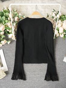 蕾丝V领金属纽扣开衫，时尚优雅的针织上衣，可作为外套或单独穿着 - 黑色 - 查看 6