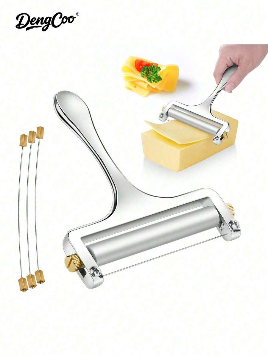 Dengcoo 1pc Cheese Slicer Stainless Steel Wire Cheese Cutter Slicer For Mozzarella, Cheddar, Gouda, And More Block Cheese - Heavy Duty Slicer With 3 Extra Replacement Cutting Wire Adjustable Thickness - Cheese Slicer - View 1