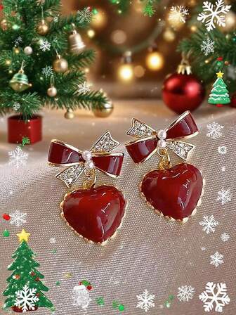 1 Pair Red Bow &amp; Heart Rhinestone Earrings, Elegant Stud Earrings, Suitable As New Year Gift, Daily/Holiday Wear For Women, Christmas, Valentine&#39;s Day Jewelry Accessory