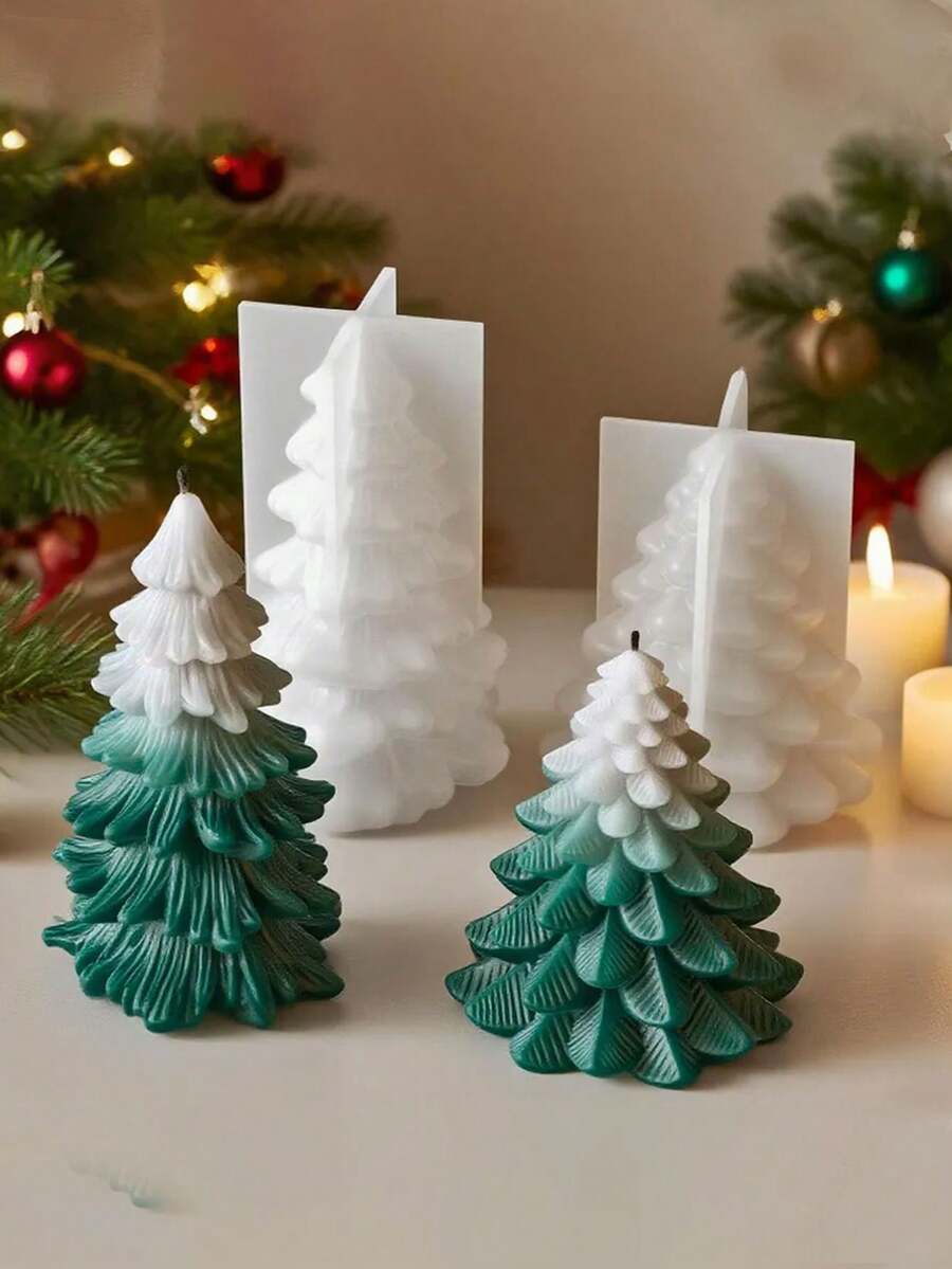 2pcs/Set 3D Christmas Tree Silicone Mold, Pine Tree Candle Mold, Christmas Tree Decor Plaster/Concrete/Resin Casting Mold, DIY Soy Wax Mold