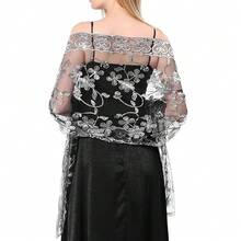 Shawls And Wraps For Evening Dresses,Women Formal 1920s Sequin Flower Sheer Shawls And Wraps For Wedding-{"Color_name":"BlackSilver"} - FBlackssilver - 查看 1