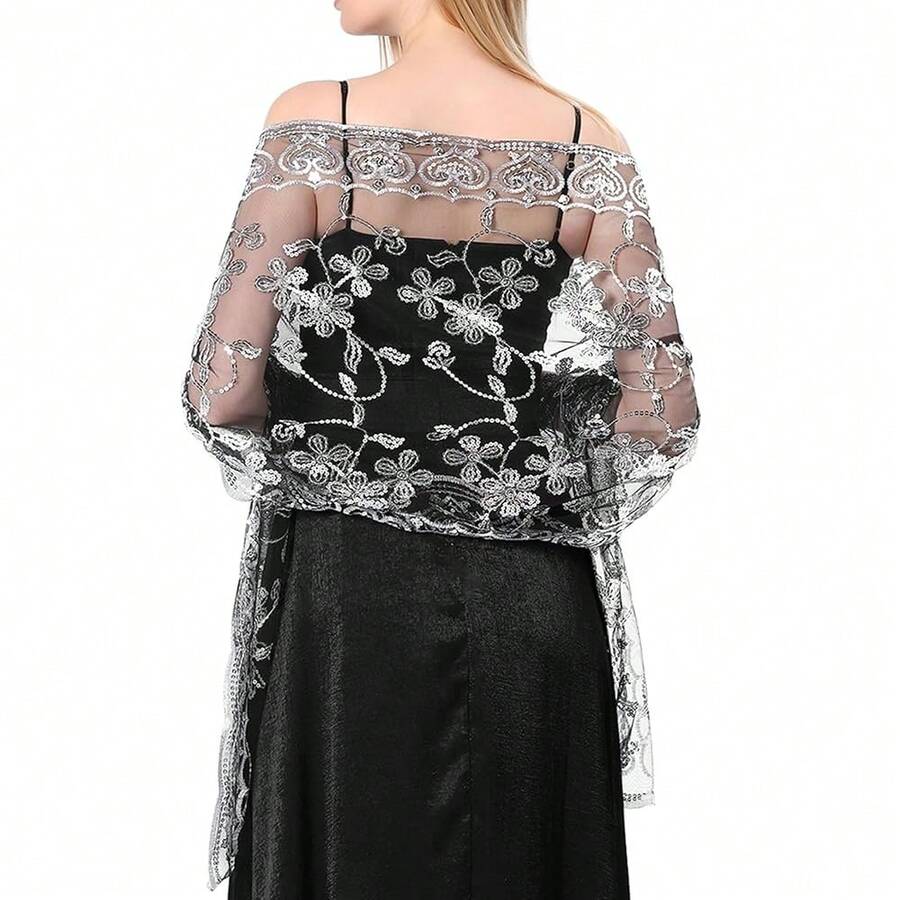 Shawls And Wraps For Evening Dresses,Women Formal 1920s Sequin Flower Sheer Shawls And Wraps For Wedding-{"Color_name":"BlackSilver"} - FBlackssilver - 查看 1