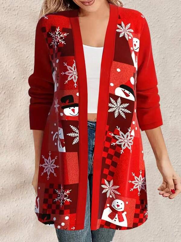 Plus Size Christmas Pattern Casual Cardigan Jacket, Women's Spring/Autumn Christmas Plaid Snowman & Snowflake Print Long Sleeve Mid-Length Open Front Cardigan, Christmas Outfit