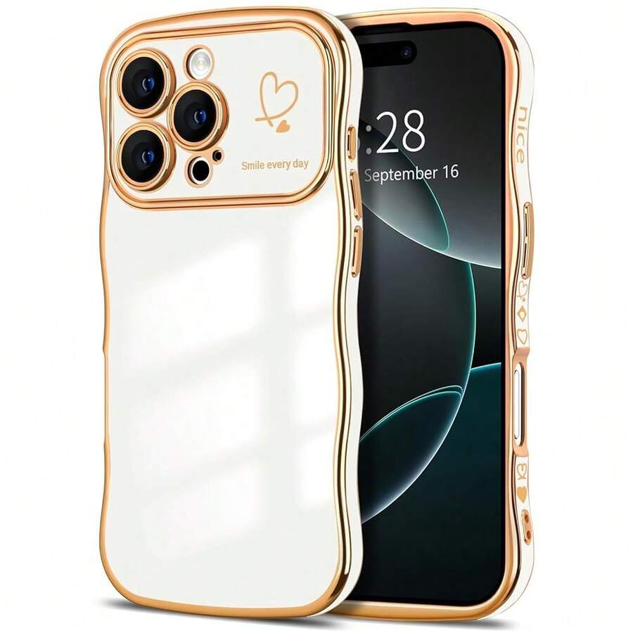 For IPhone 16 Pro Case Wave Wavy Phone Cases With Love Heart, Luxury Plating Edge Cute Curly Shape Cover For Women Girls, Thin Slim Soft TPU Rubber Shockproof Protective Cover, White{"Color_name":"White","Size_name":"ForiPhone16Pro-6.3inch"} - 多色17 - 查看 1