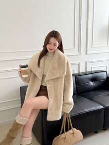 女士优雅加厚仿毛领夹克，奢华纯色皮草大衣，精致简约修身秋冬外套 - 杏色 - 查看 2