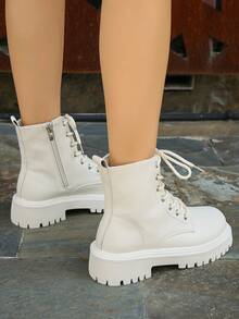 新款女式踝靴和短靴，时尚百搭休闲平底鞋 - 米色 - 查看 2