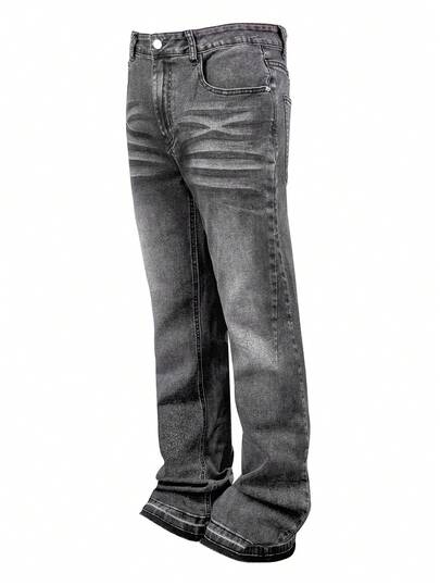 Lightweight Business Casual Washed Distressed Hem Jeans For Men, Versatile Slim Straight Leg Casual Pants, Suitable For All Seasons