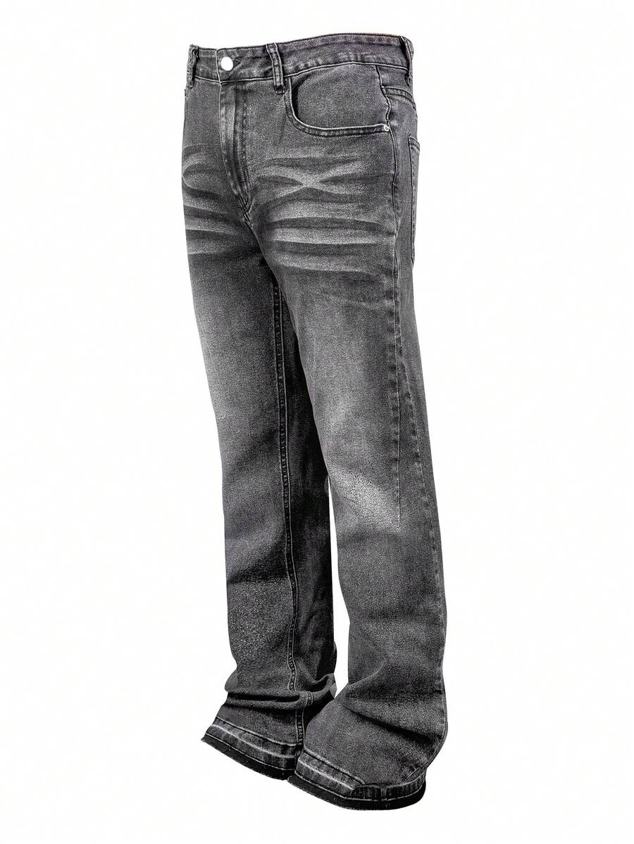 Lightweight Business Casual Washed Distressed Hem Jeans For Men, Versatile Slim Straight Leg Casual Pants, Suitable For All Seasons - Black - View 1