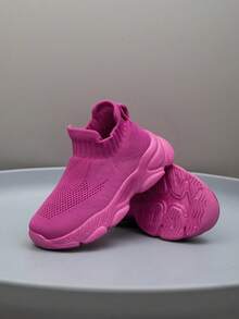 1 Pair Kids' Sneakers, Breathable Elastic Soft Shock-Absorbing Quick-Drying Lightweight Waterproof Combination Of Fabric And Leather Upper, Casual Street Style Suitable For Running, Walking, School, Knitted - Red Violet - View 11