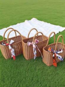 1pc Outdoor Handheld Basket, Woven Rattan Style Tote Basket, Gift Basket, Home Storage Basket, Laundry Basket, Toiletry Basket, Cosmetic Organizer Basket - Multicolor - View 2