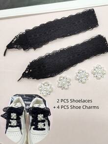 4pcs/6pcs Black & White Lace Shoelaces Decor, Y2K Style Faux Pearl Bow Flower Shoe Charms, Silver Resin Shoelace Clips DIY Accessories For Women's Sneakers, Boots, Suitable For Christmas, Halloween, Valentine's Day, Birthday, Holiday Party (Shoes Not Included) - Multicolor - View 16