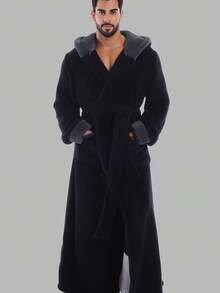 男士秋冬新款毛绒浴袍 - 温暖舒适，带口袋、连帽、可调节腰带、家居睡衣