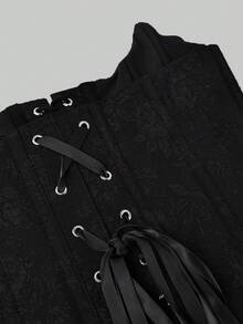 Women's Y2K Asymmetric Structured Floral Embroidery Grommet Lace-Up Front Open Back Bustier Crop Top Black Summer - Black - View 8