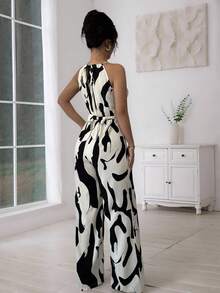 Palazzo Elegante,Monos De Mujer Con Cuello De Halter,Con Tela Estampada Y Fruncido,Elegante Para Vacaciones Y Uso Diario - Blanco - Ver 2