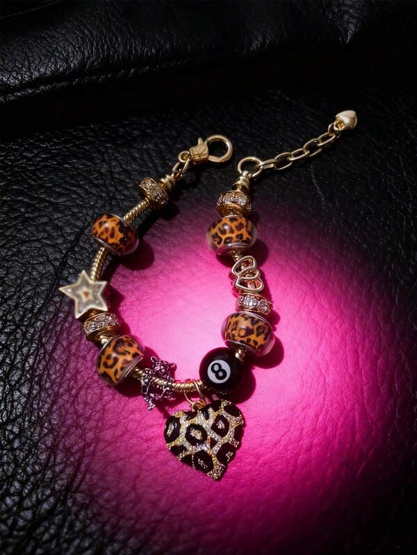 سوار قلب نحاسي مطبوع بنمر مرصع بالراين ستون بتصميم نجمة خماسية وقلب ونمر، 8 تعليقات سوداء، سوار شخصي للنساء، مجوهرات للاستخدام اليومي، هدية للمناسبات