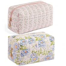 Makeup Bag Travel Cosmetic Bag For Women Girls, Zipper Make Up Pouch, Floral Flowers Toiletry Organizer Makeup, Portable Storage Bag, Cosmetic Travel Cloth Bag (Pink+Large Blue Flowers){"Color_name":"TwoPack:(Pink+LargeBlueFlowers)"} - 兩件裝:(粉紅色+大藍花) - 查看 2