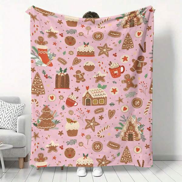 1 szt. Nowoczesny koc w paski z wzorem chleba i batonika – miękki i przytulny koc żakardowy z poliestru, nadruk cyfrowy, idealny na Boże Narodzenie i zimowy wystrój domu, idealny prezent dla przyjaciół