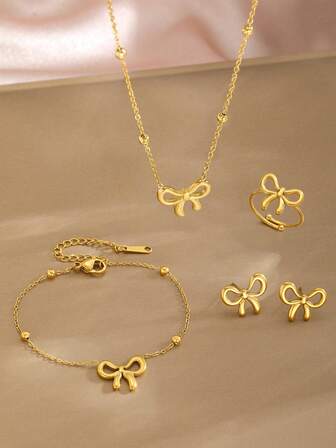 5 件套精致时尚金色不锈钢链蝴蝶吊坠项链手链和耳钉戒指套装适合女孩日常佩戴珠宝配饰礼物