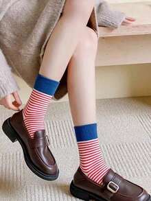 3 Pairs Ladies Random Striped Mid-Calf Socks, Casual, All Season, Fall - Nhiều màu - Xem 4