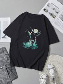 Round Neck Black T-Shirt with Orca Whale and Moon Print for Casual Wear - Negro - Ver 2