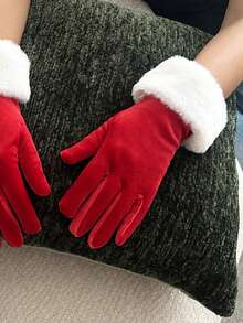 1 Pair Women's Christmas Party Etiquette Performance Short Velvet & Faux Fur Trim Gloves, Warm Hand Decor Cosplay - Multicolor - View 3