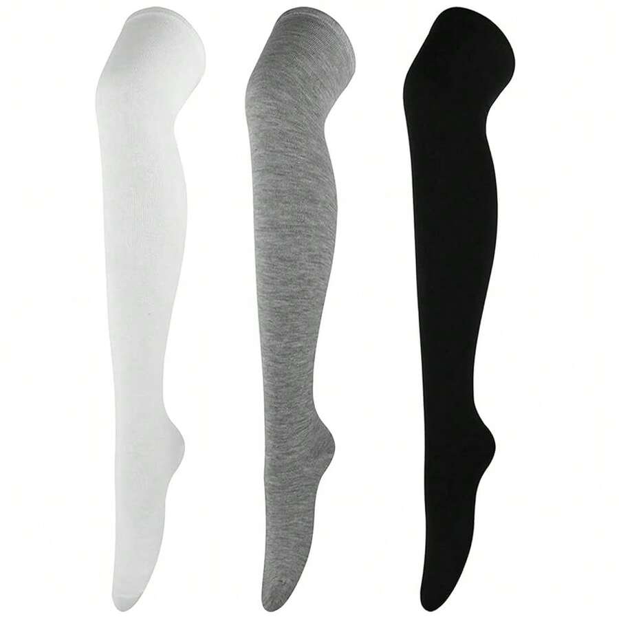 DRESHOW 3 Pairs Thigh High Socks Striped Over Knee Thin Tights Long Stocking Knee High Leg Warmer{"Color_name":"3PairsH:SolidWhite/Black/LightGrey"} - 多色7 - 查看 1