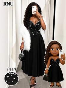 RNU Black Love White Pearl Women's Simple Deep V-Neck Stretch Base Slim Women Casual Club Christmas/Halloween Concert Outfit Office Outfits High Elastic Slim Fit Casual Daily Valentine's Day Birthday Dress Nightclub Sexy Party Street Vacation Travel Date Spring/Summer/Autumn/Winter Shoulder Strap Sleeveless Irregular Waist Pleats Cross Back Straps New Long Dress - Black - View 3