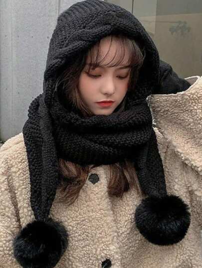 1 pieza/Set Gorro de punto versátil para mujer de otoño/invierno, gorro lindo con pompón, gorro de punto forrado de felpa con bufanda todo en uno, adorable orejera de bola esponjosa, gorro de punto grueso y cálido