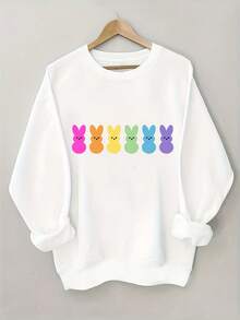 Colorful Rabbit Pattern Fleece-Lined Sweatshirt - Long Sleeve Round Neck Pullover With Drop Shoulder, Machine Washable Winter Workout Top For Gym Running Training & Casual Wear, Soft Texture Apparelgifts For Mom-Free Shipping - White - View 1