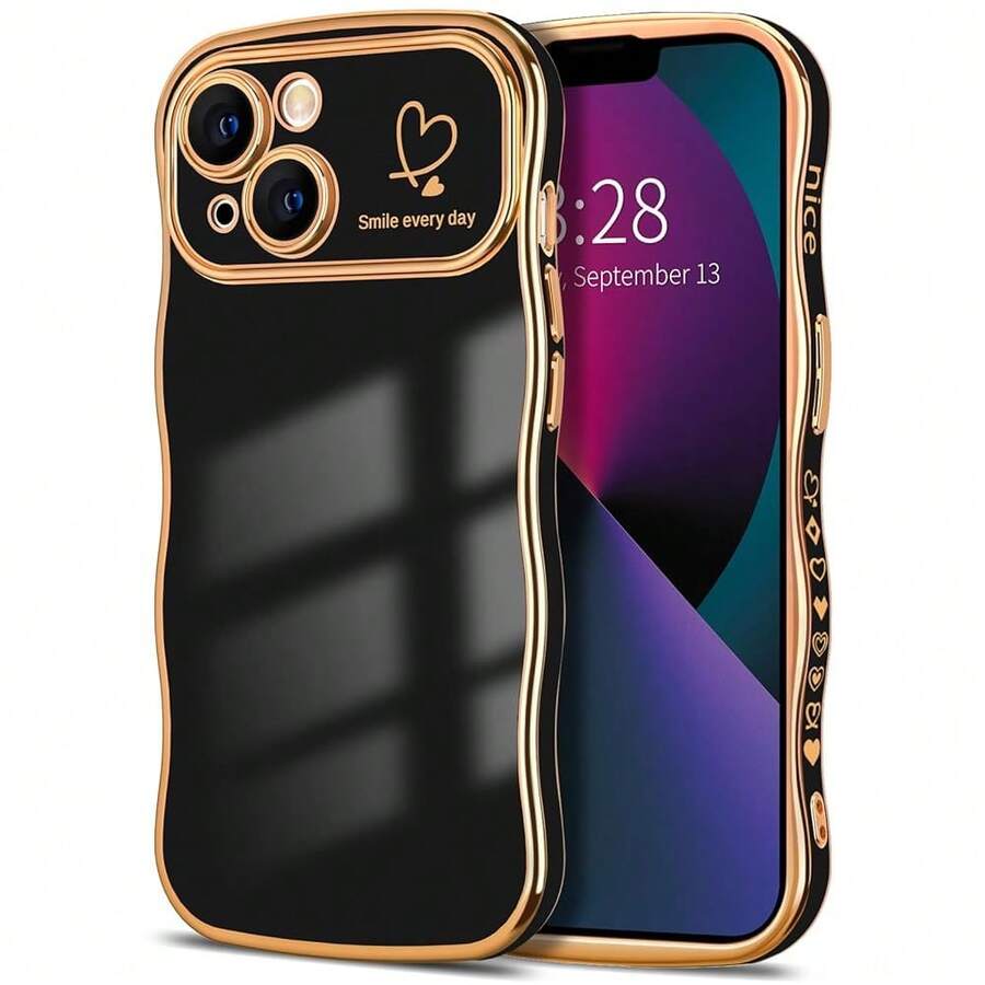 For IPhone 13 Case Wave Wavy Phone Cases With Love Heart, Luxury Plating Edge Cute Curly Shape Cover For Women Girls, Thin Slim Soft TPU Rubber Shockproof Protective Cover, Black{"Color_name":"Black","Size_name":"ForiPhone13-6.1inch"} - 多色4 - 查看 1