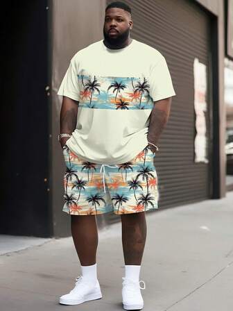 2 件套加大码男士椰子树印花短袖衬衫和抽绳短裤套装，圆领 T 恤，透气柔软面料，舒适服装