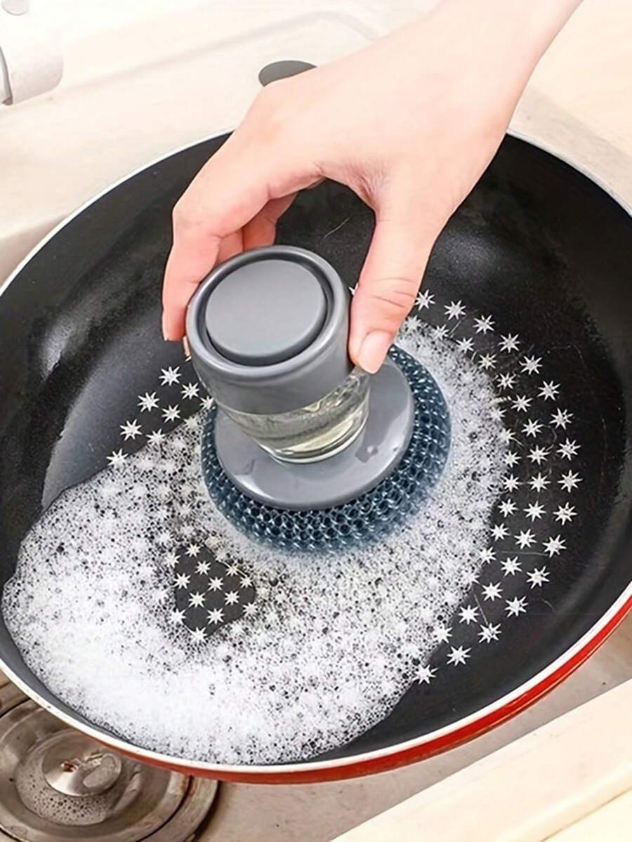 1 pièce Brosse automatique pour ajouter du liquide dans les plats, outil de nettoyage de type pression avec boule en fil d'acier, brosse de nettoyage pour évier de cuisine et plan de travail afin d'éliminer les taches d'huile sur les cuisinières de la maison
