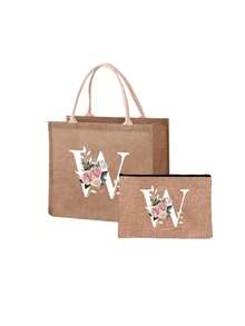 Mini Floral & Letter Print Linen Tote Bag, Women's Fashion Shopping Bag/Handbag/Grocery Bag, Teacher's Portable Tote Bag, Ideal Shopping Tote/Lunch Bag - Khaki - View 58