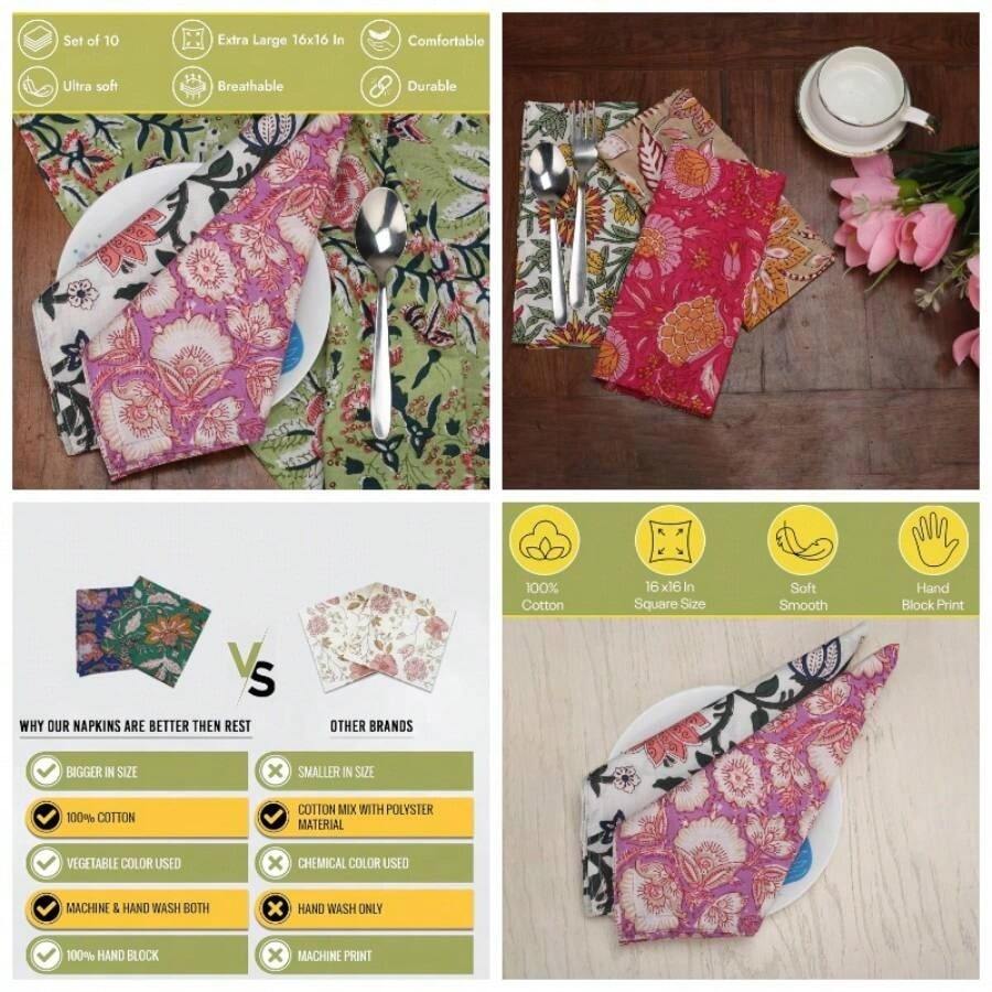 10 Pc Cotton Cloth Napkins - Hand Block Print, - Friendly, Dinner Napkins, Floral, Hand Made Size 16x16 Inch Printed Home Decor Multicolored - 多色1 - 查看 1