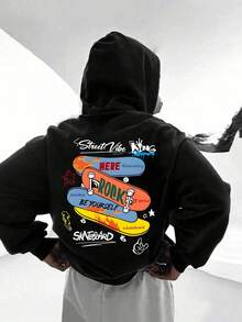 Tween Boy Casual Simple Skateboard Pattern Sporty Style Sweatshirt Boys Long Sleeve Hooded Sweatshirt Autumn And Winter Student Boys Clothing - Black - View 4